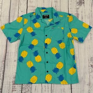 ‼️6/$15‼️Hurley Kids Teal & Pineapple Hawaiian Button Down Shirt Size L (12/13)
